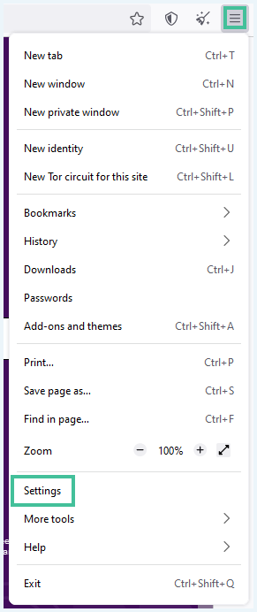 Tor browser met het hamburgermenu en het woord