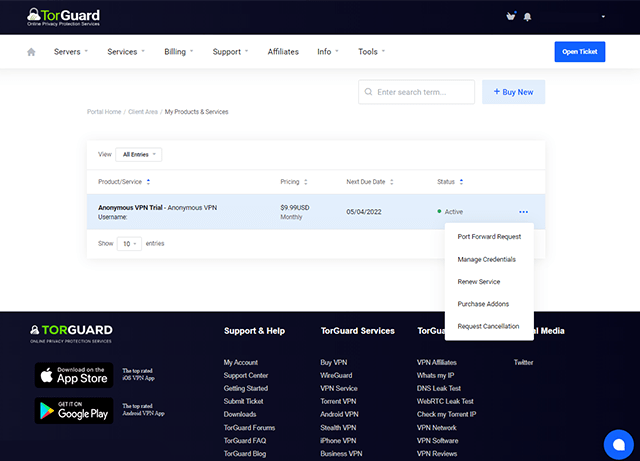 TorGuard VPN website persoonlijk dashboard