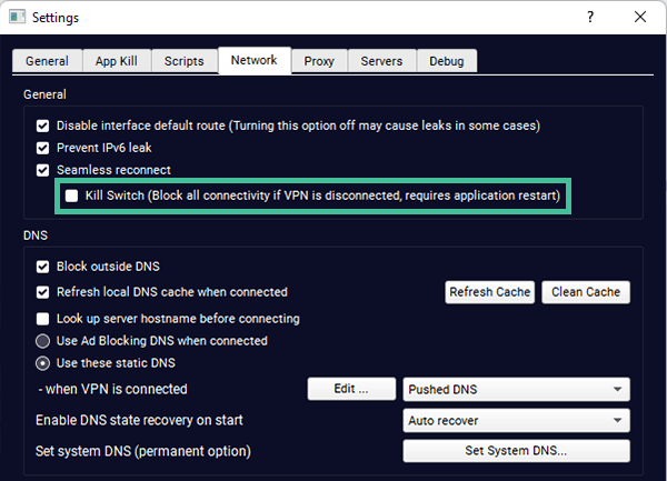 TorGuard VPN Network Settings met de Kill Switch-optie uitgelicht