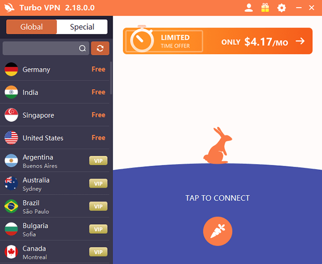 Turbo VPN app quick connect scherm