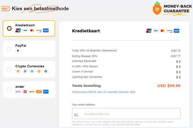 Afrekenpagina van Turbo VPN