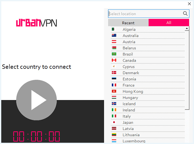 UrbanVPN software met serverlijst