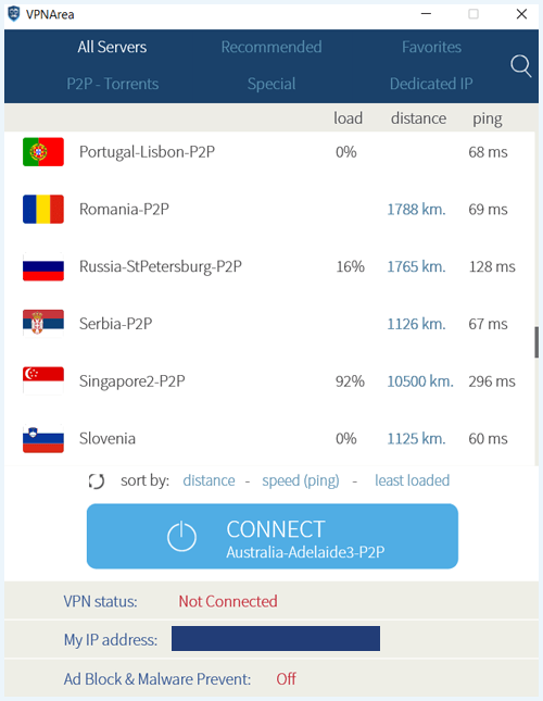 VPNArea app met daarin de serverlijst