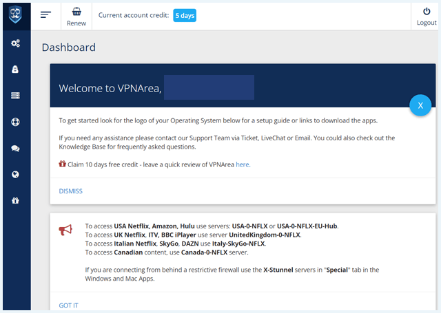 VPNArea account dashboard