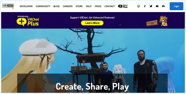 Homepagina van de website VRChat