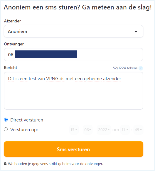 Formulier voor een anonieme SMS op de website Anoniemesms