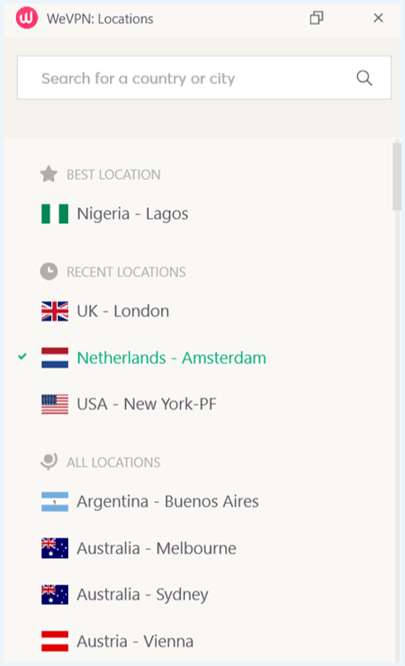 WeVPN serverlijst