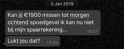 Screenshot WhatsApp fraude waarin iemand vraagt om 1900 euro