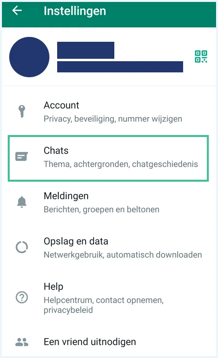WhatsApp Instellingen waarbij het menu-item