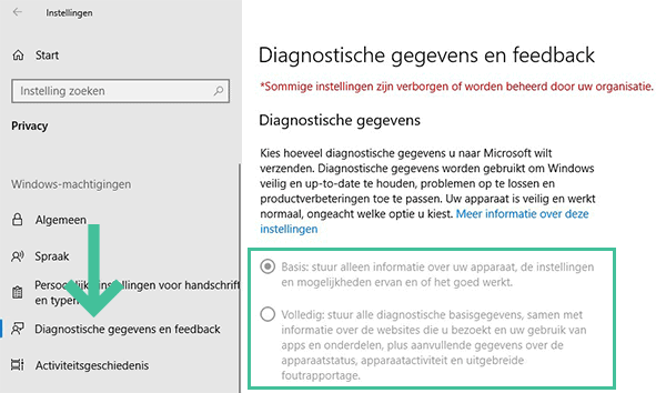 Screenshot Windows 10 privacy instellingen Feedback en Diagnose