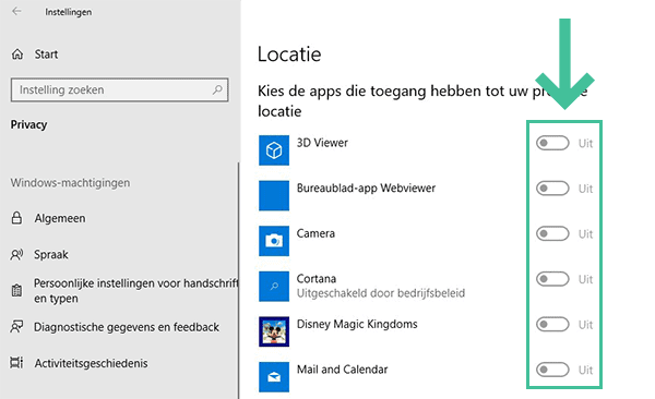 Screenshot Windows 10 privacy instellingen Locatie Apps