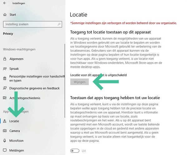 Screenshot Windows 10 privacy instellingen Locatie