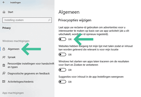 Screenshot Windows 10 privacyinstellingen algemeen reclame id