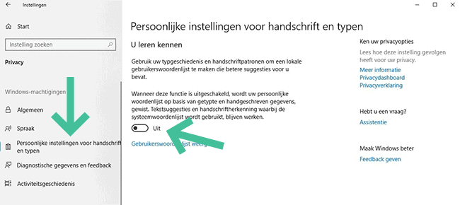 Screenshot Windows 10 privacyinstellingen Cortana handschrift typen