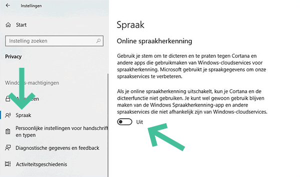 Screenshot Windows 10 privacyinstellingen spraakherkenning uit