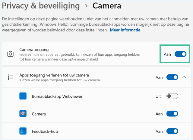 Windows 11 camera-instellingen waarbij het schuifje om cameratoegang in- of uit te schakelen is uitgelicht