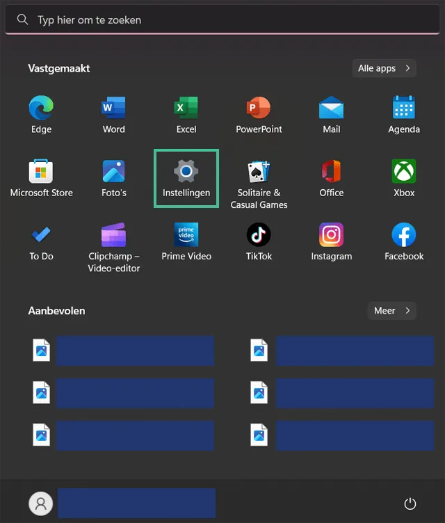 Startscherm in Windows 11 waarbij 