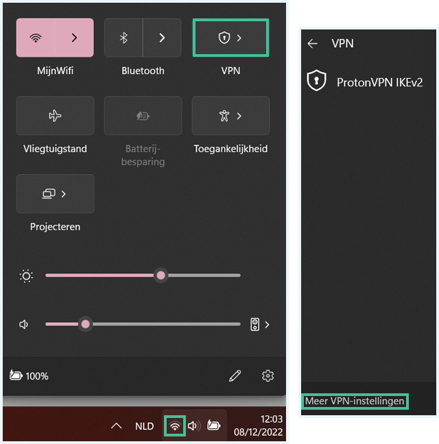 Windows 11 interface waarbij het wifi-icoon en de knoppen 