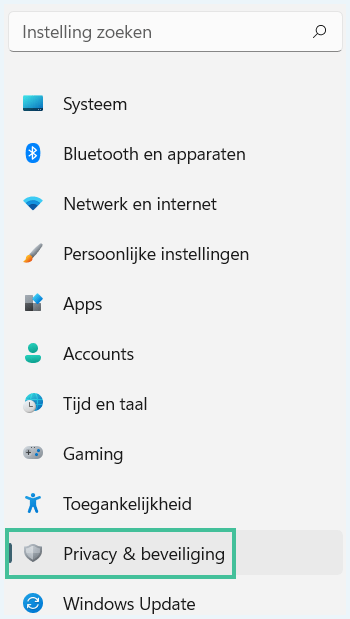 Windows menu instellingen met de optie 