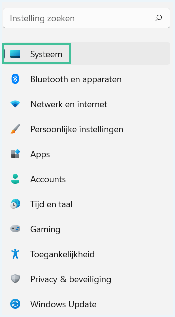 Windows menu instellingen met de optie 