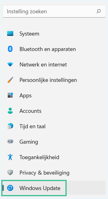 Windows menu instellingen met de optie 