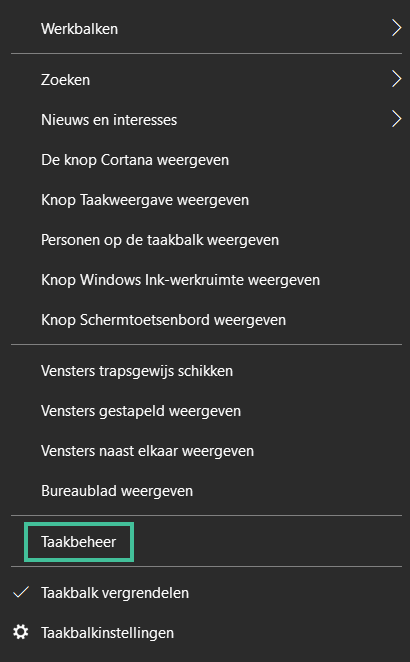 Windows taakbalk menu waarbij