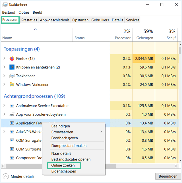 Taakbeheer van Windows waarbij