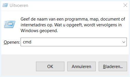 Windows scherm Uitvoeren met zoekopdracht cmd