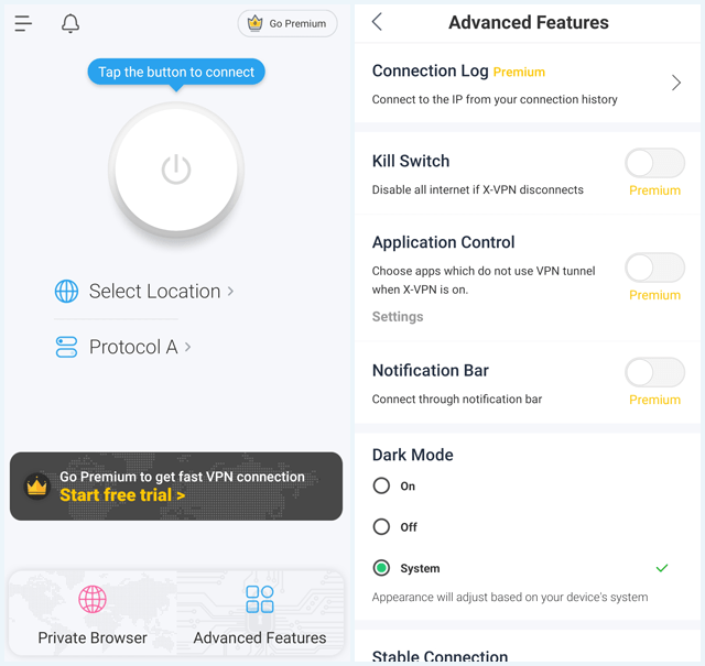 X-VPN Android app home en advanced featured