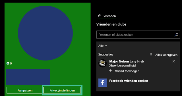 Xbox profiel waarbij de knop