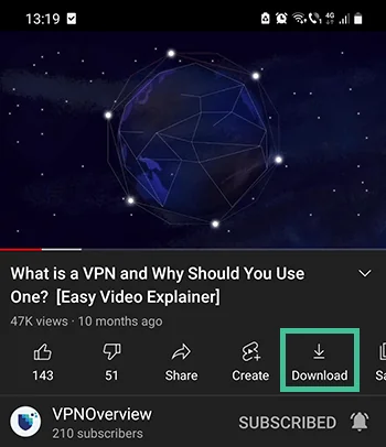 Screenshot waar je de downloadknop vindt als je een YouTube Premium account hebt