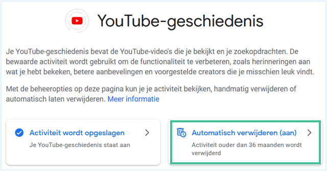 Scherm: YouTube-geschiedenis met de optie
