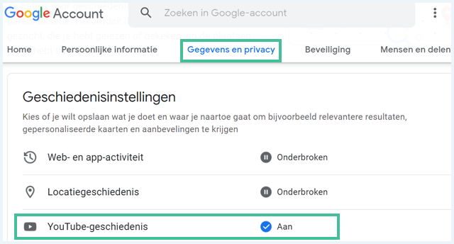 Google Gegevens en Privacy, YouTube-geschiedenis instelling