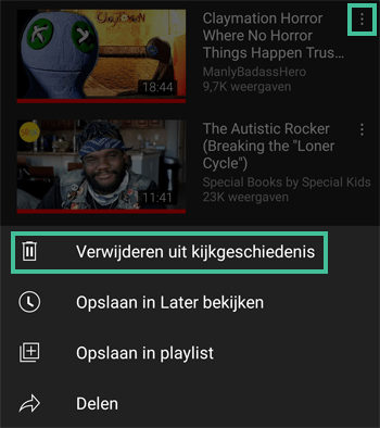 YouTube smartphone app, losse video verwijderen uit kijkgeschiedenis