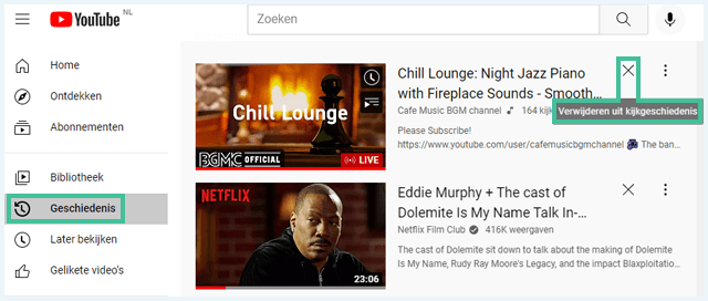 YouTube scherm waarbij een video wordt verwijderd uit de kijkgeschiedenis