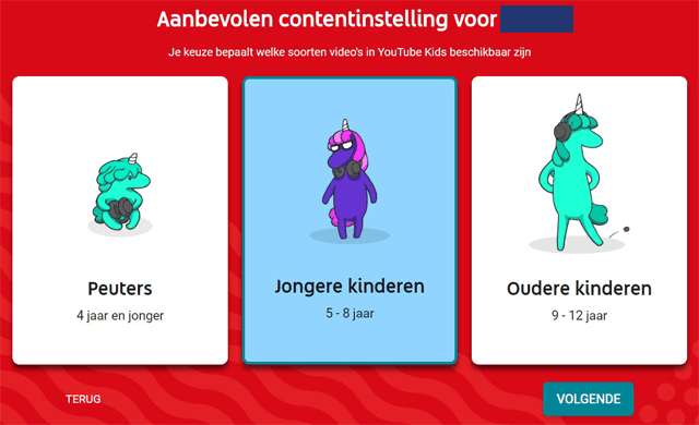 YouTube Kids aanbevolen contentinstellingen