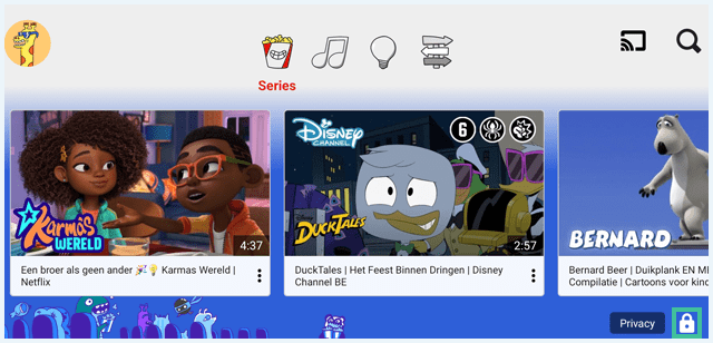 YouTube Kids Android homepagina waarbij het slotje is uitgelicht