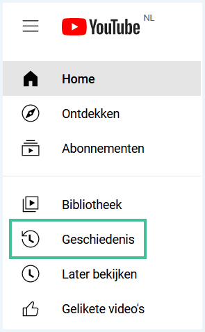 YouTube menu waarbij
