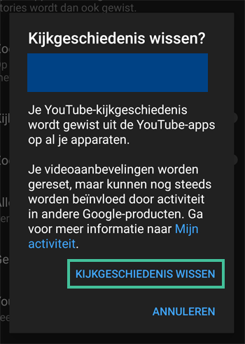 Melding op YouTube om te bevestigen dat je je kijkgeschiedenis wilt wissen