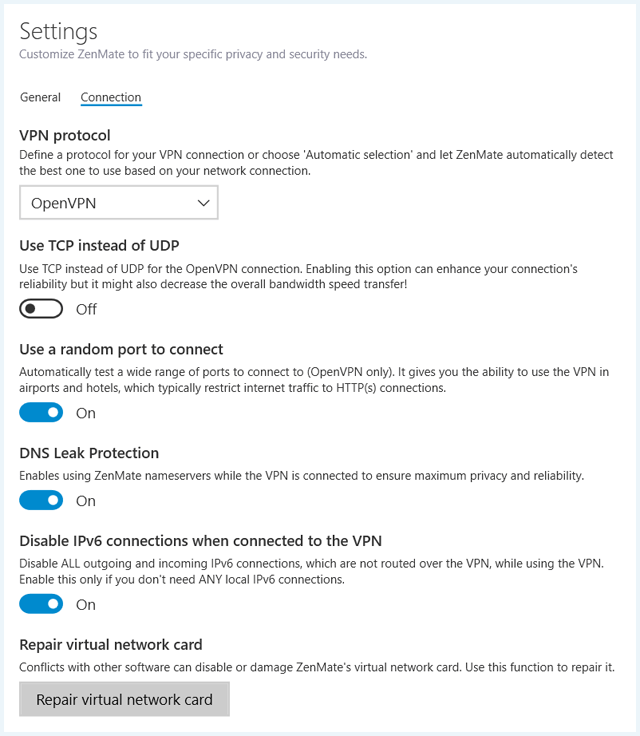 Connection Settings van de ZenMate VPN app