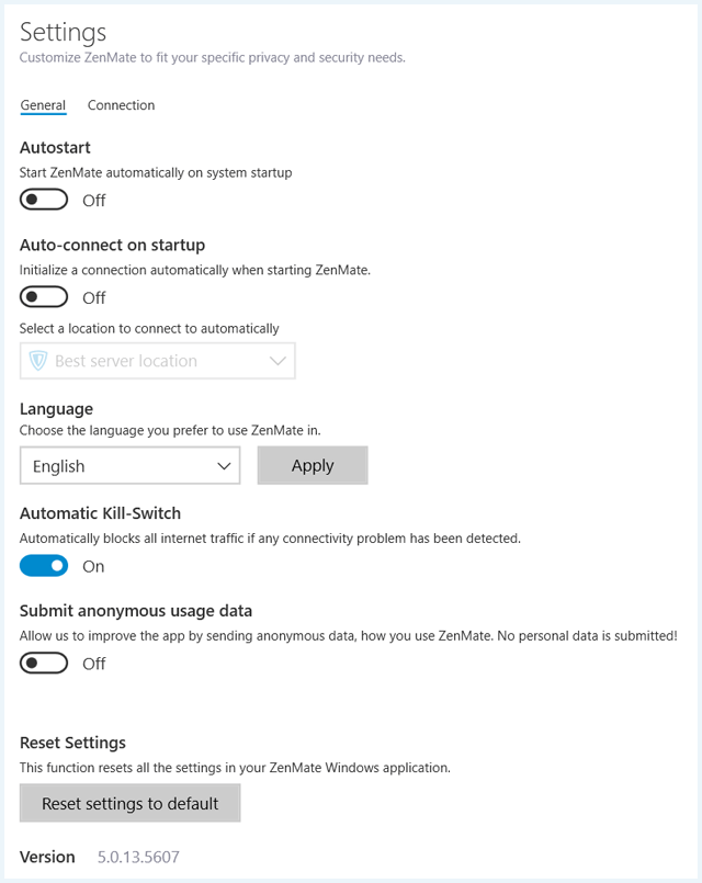 General Settings van de ZenMate VPN app