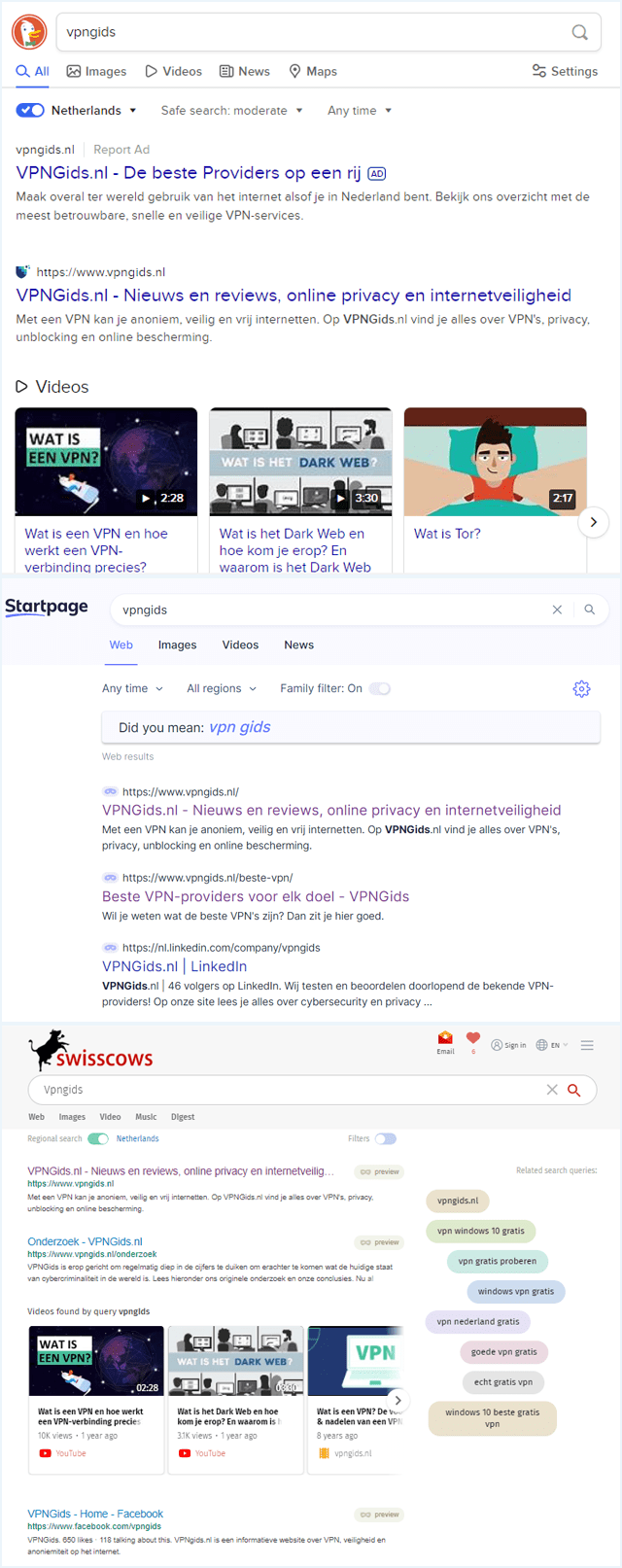 Drie anonieme zoekmachines onder elkaar: DuckDUckGO, Startpage en Swisscows met de zoekopdracht