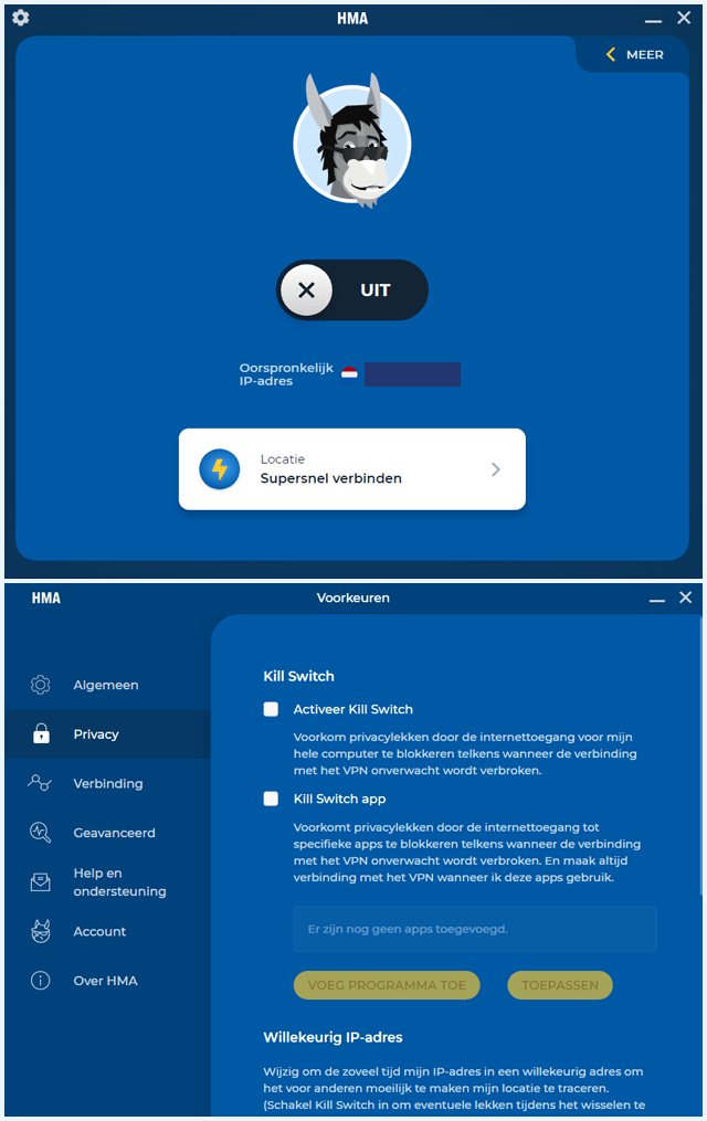 Het openingsscherm en het scherm met privacyinstellingen van de HMA desktop-software