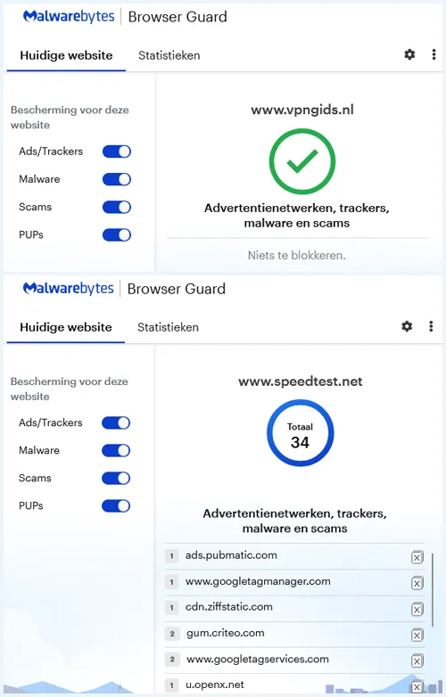 Twee screenshots van de BRowser Guard van Malwarebytes waarbij de sites VPNGids en Speedtest worden vergeleken