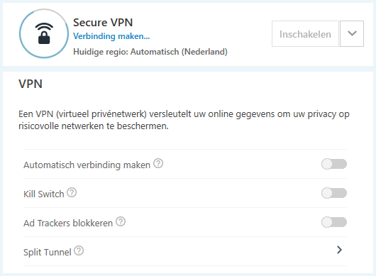 Screenshot van de VPN functie in de Norton software