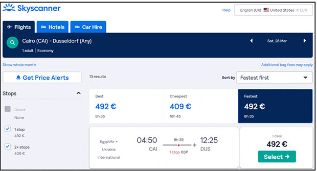 Skyscanner Cairo Dusseldorf VS versie