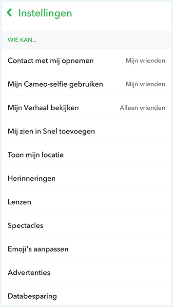Screenshot van het scherm 'Wie Kan...' in Snapchat