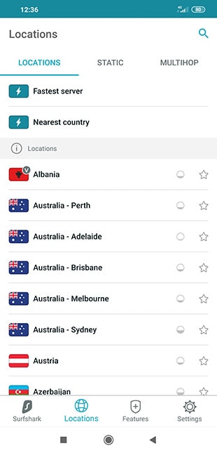 Surfshark server selection Android