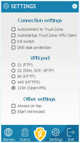 Trust.Zone App-scherm settings