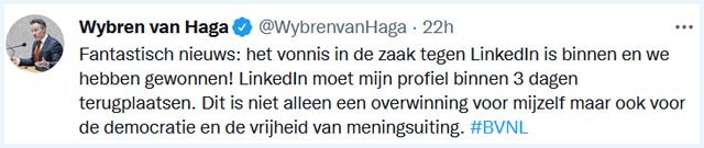 Tweet van Wybren van Haga over zijn account op LinkedIn